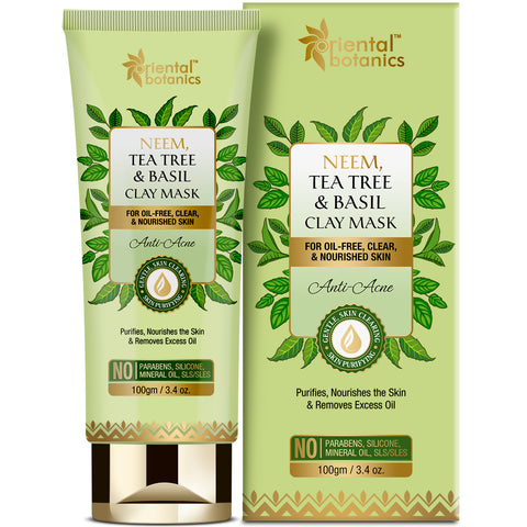 Oriental Botanics Neem, Tea Tree and Basil Anti Acne Clay Mask - For Oil Free, Clear and Nourished Skin - No Parabens, Silicones, 100 g