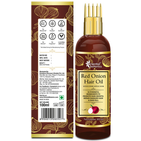 Oriental Botanics Red Onion Hair Oil With Comb Applicator - With 30 Oils & Extracts For Stronger Growth and To Control Hair Fall, 100 ml, 100ml + comb applicator