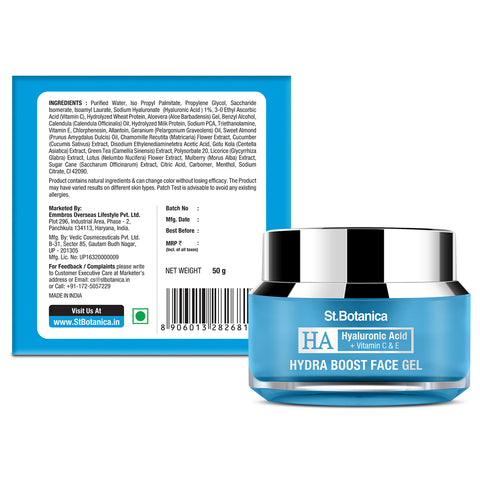 St.Botanica Hyaluronic Acid Hydra Boost Face Gel - Boosts Hydration For A Smooth & Supple Skin, 50 g (STBOT560)