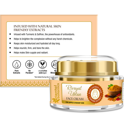 Oriental Botanics Rivayat Ubtan Face Cream For Supple and Radiant Skin With Saffron, Rose and Turmeric Extract, 50 g