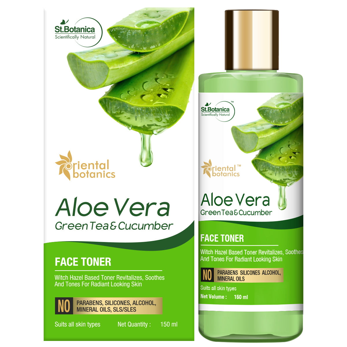 Oriental Botanics Aloe Vera, Green Tea & Cucumber Face Toner - No Alcohol, Silicone, Sulphate, 150 ml (ORBOT54)