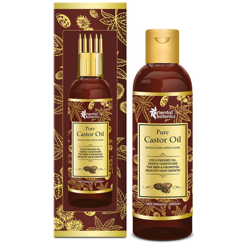 Oriental Botanics Castor Oil - For Eyelashes, Hair and Skin Care - With Comb Applicator - Pure Oil With No Mineral Oil, Silicones, 200 ml