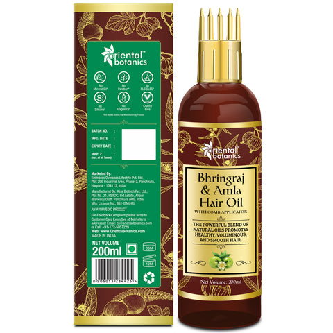 Oriental Botanics Bhringraj & Amla Hair Oil With Comb Applicator - Promotes Healthy, Voluminous & Smooth Hair, 200 ml