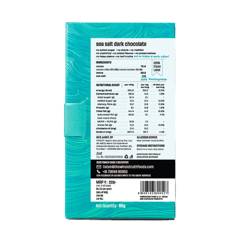 The Whole Truth Dark Chocolate - Sea Salt | Pack of 3 x80g | No Added Sugar | Sweetened Only with Dates | 79% Cocoa, 29% Dates, 1% Sea Salt | No Artificial Flavours | Portion Controlled | 100% Vegetarian