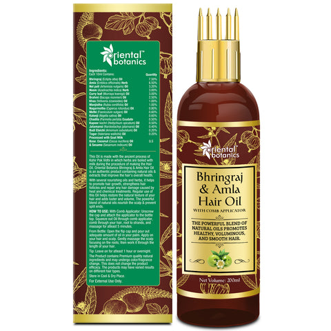 Oriental Botanics Bhringraj & Amla Hair Oil With Comb Applicator - Promotes Healthy, Voluminous & Smooth Hair, 200 ml