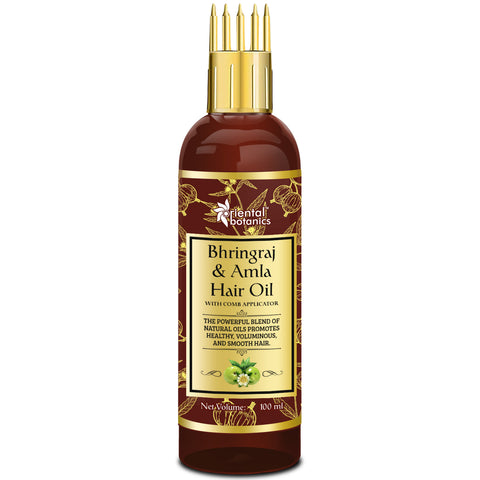 Oriental Botanics Bhringraj & Amla Hair Oil With Comb Applicator - Promotes Healthy, Voluminous & Smooth Hair, 100 ml