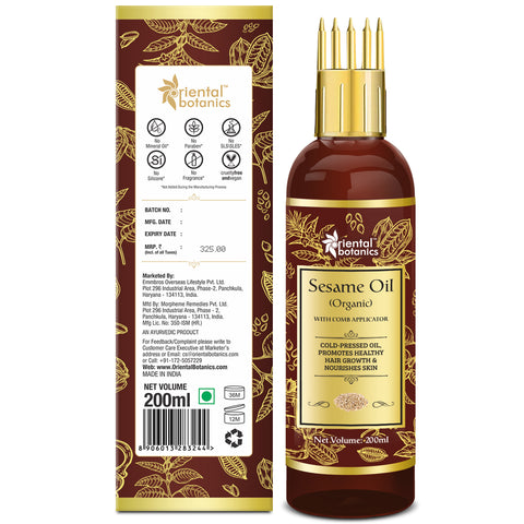 Oriental Botanics Sesame Oil for Hair and Skin Care - With Comb Applicator - Pure Oil with No Mineral Oil, Silicones, 200 ml