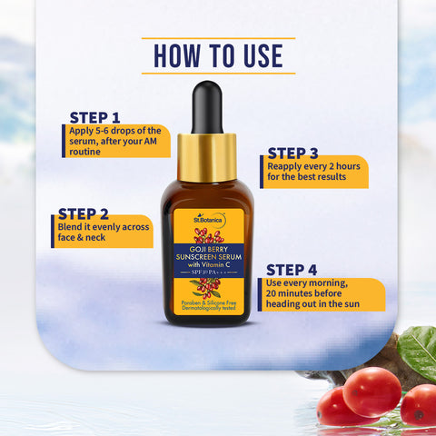 St.Botanica Goji Berry SPF 50 PA+++ Sunscreen Serum, 30ml with Goji Berry, 1% Vitamin C & Dragonfruit | For Broadspectrum Sun Protection & Bright Skin | Paraben Free, Cruelty Free & Vegan