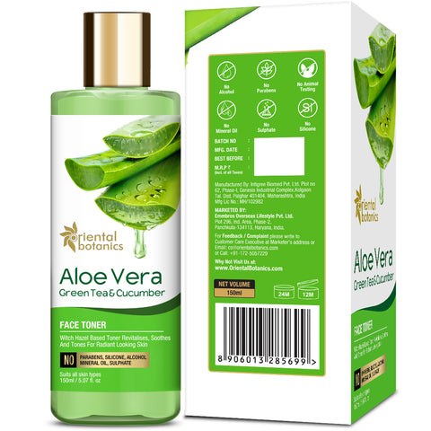 Oriental Botanics Aloe Vera, Green Tea & Cucumber Face Toner - No Alcohol, Silicone, Sulphate, 150 ml (ORBOT54)