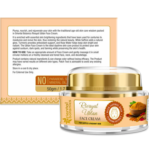 Oriental Botanics Rivayat Ubtan Face Cream For Supple and Radiant Skin With Saffron, Rose and Turmeric Extract, 50 g