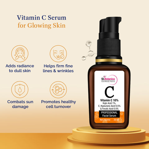 St.Botanica Vitamin C 10%, E & Hyaluronic Acid 0.5% + Kojic Acid 1% + Ferulic Acid 0.5% Face Serum for Boosting Natural Glow with Stable Vitamin C, 20ml