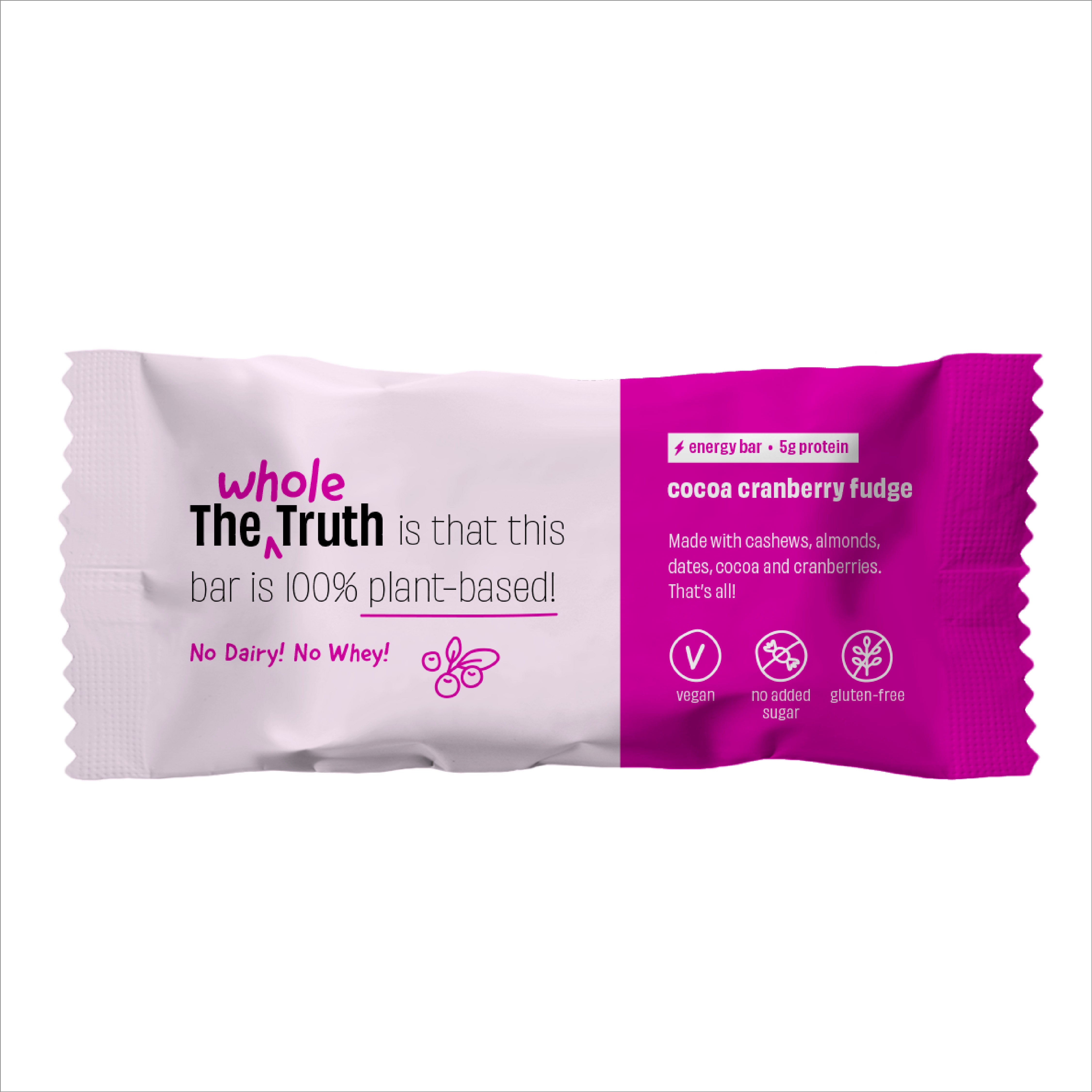 The Whole Truth - Energy Bars | Cocoa Cranberry Fudge | Pack of 6 x 40g | Dairy Free & Sugarfree | No Artificial Sweetener | Vegan | No Preservatives | All Natural | Healthy Snack