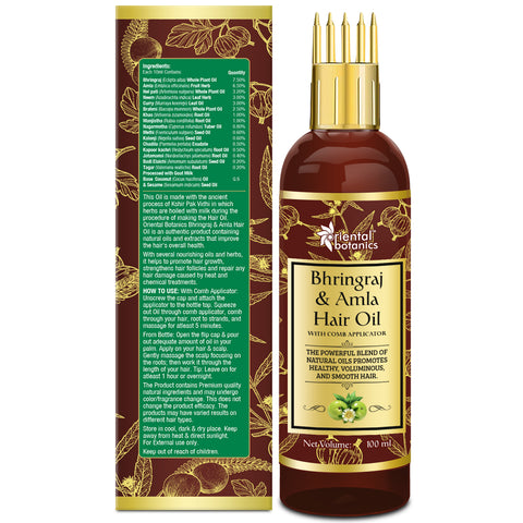 Oriental Botanics Bhringraj & Amla Hair Oil With Comb Applicator - Promotes Healthy, Voluminous & Smooth Hair, 100 ml