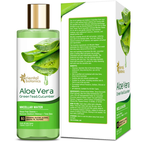 Oriental Botanics Aloe Vera, Green Tea & Cucumber Micellar Water - No Alcohol, Silicone, Sulphate, 150 ml (ORBOT49)