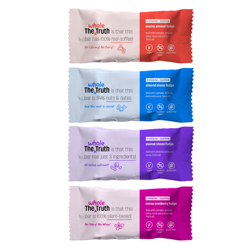 The Whole Truth - Energy Bars - Fudge All! | Pack of 6 x 40g | 2 Almond Choco Fudge, 2 Peanut Choco Fudge, 1 Cocoa Cranberry Fudge, 1 Mocha Almond Fudge | Dairy Free | No Added Sugar | All Natural