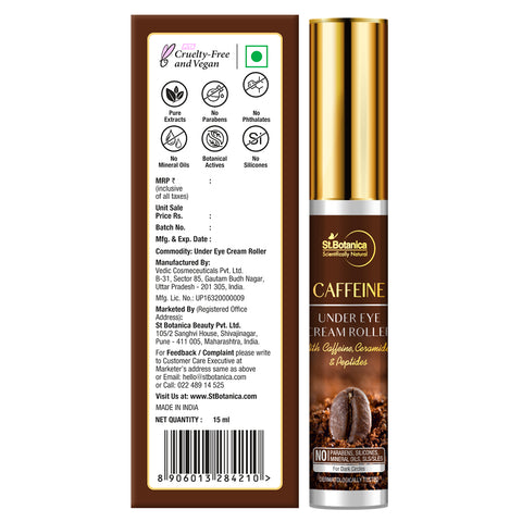 St.Botanica Caffeine 1% Under Eye Cream Roller With Ceramides And Peptides, 15 ml