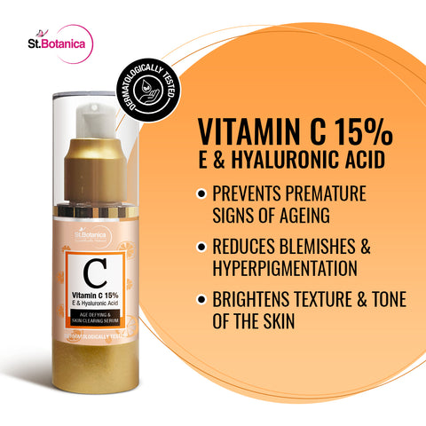 St.Botanica Vitamin C 15%, E & Hyaluronic Acid Face Serum - Age Defying & Skin Clearing Serum (Brightening + Anti Aging), 30 ml (STBOT577)