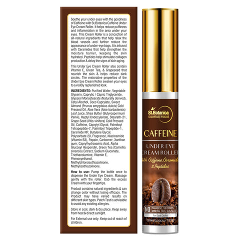 St.Botanica Caffeine 1% Under Eye Cream Roller With Ceramides And Peptides, 15 ml