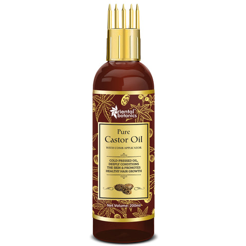 Oriental Botanics Castor Oil - For Eyelashes, Hair and Skin Care - With Comb Applicator - Pure Oil With No Mineral Oil, Silicones, 200 ml