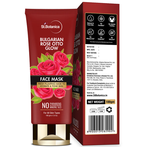 St.Botanica Bulgarian Rose Otto Glow Face Mask Fresh Plumping Mask To Hydrate and Tone Skin No Paraben and Sls, 100 g