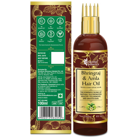 Oriental Botanics Bhringraj & Amla Hair Oil With Comb Applicator - Promotes Healthy, Voluminous & Smooth Hair, 100 ml