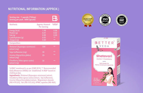 BBetter Shatavari Supplement for Women | For PCOS, PCOD, PMS I 60 Veg Capsules