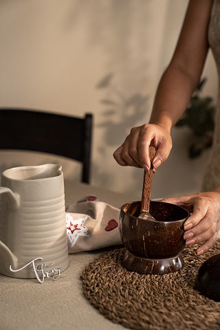 Thenga Coconut Shell Artisan Soup Bowl & Soup Spoon, 350 ML, Brown