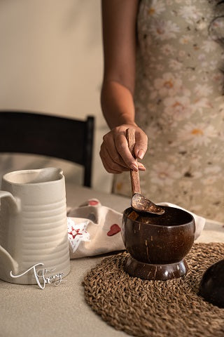 Thenga Coconut Shell Artisan Soup Bowl & Soup Spoon, 350 ML, Brown