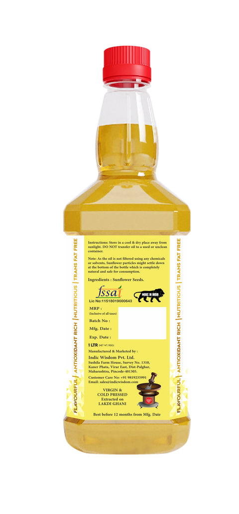 IndicWisdom Wood Pressed Sunflower Oil 1 Liter (Cold Pressed Sunflower Oil - Extracted on Wooden Churner)