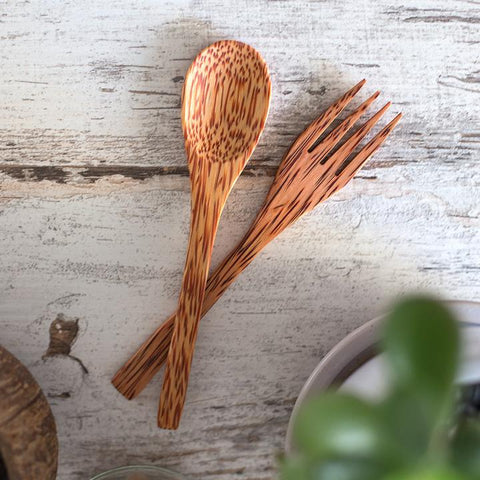 Thenga Coconut Wood Spoon & Fork (2 Spoon + 2 Fork) | Eco Friendly, Natural & Handmade